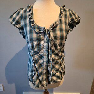 Revolution by Ricki’s Plaid Ruffle Trim Blouse | Size 8 | Teal & Grey